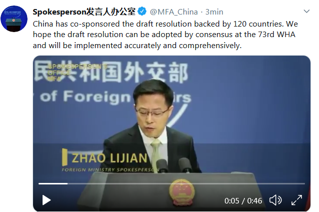 #COVID19 The truth is that now China sponsors a new version of UN draft resolution, redacted by EU and approved by WHO today, where China is never mentioned as well as any investigation on the origin of COVID19. 
<a href="/IsraelMFA/">Israel Foreign Ministry</a> <a href="/RosannaMrtnz/">Rosanna</a>