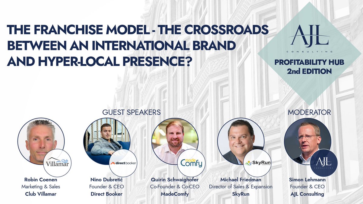 Join us next Tuesday May 26th for our second #AJLprofitabilityHUB as we discuss the future of the franchise model in the short term rental industry. 
Sign up for free here: bit.ly/2WMlVy3
<a href="/ClubVillamarEN/">Club Villamar EN</a> <a href="/DirectB00ker/">Direct Booker</a> <a href="/MadeComfyau/">MadeComfy</a> <a href="/SkyRunVR/">SkyRunVR</a>