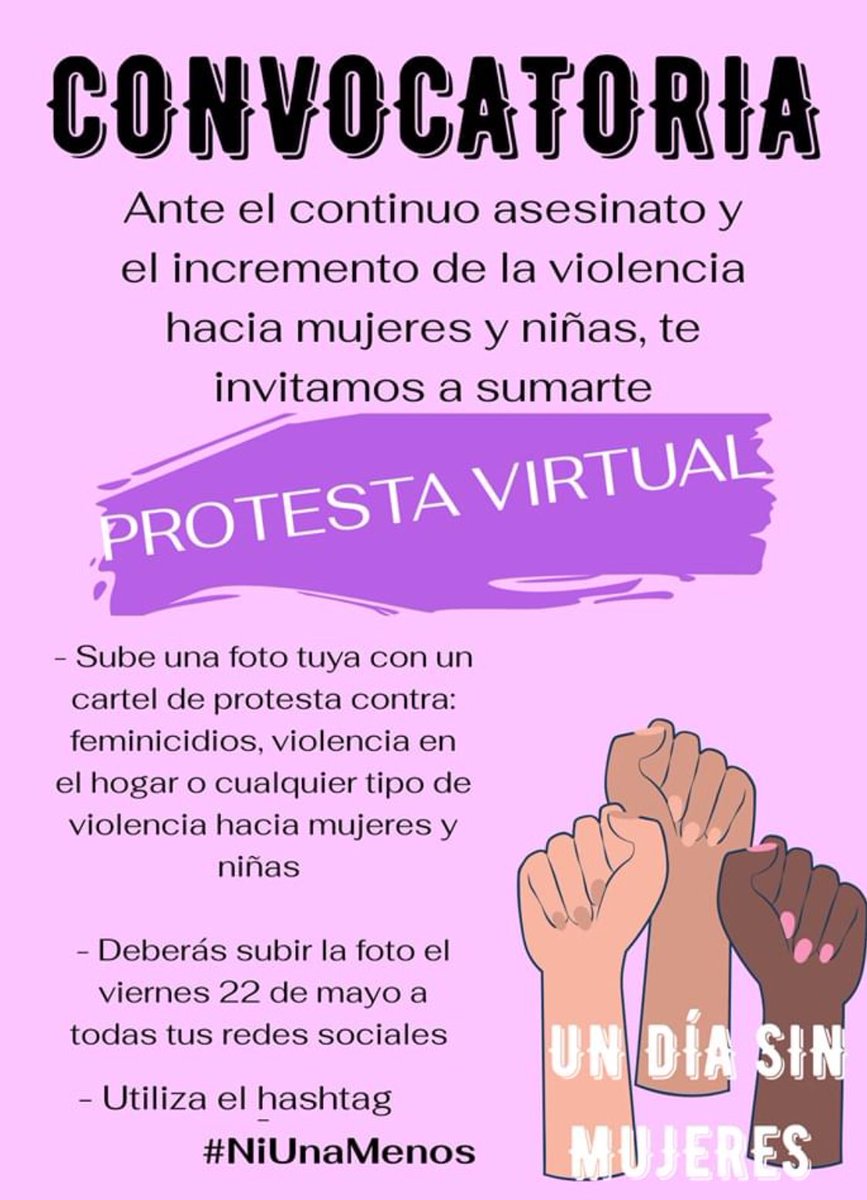 TereLLerena's tweet photo. PROTESTA VIRTUAL
Próximo viernes 22 de mayo
ASOCIACIÓN MEXICANA PARA VIVIR LIBRE Y SIN VIOLENCIA #AMViLyV se une a #UnDiaSinMujeres
#NiUnaMenos https://t.co/UnSS3nTXL0