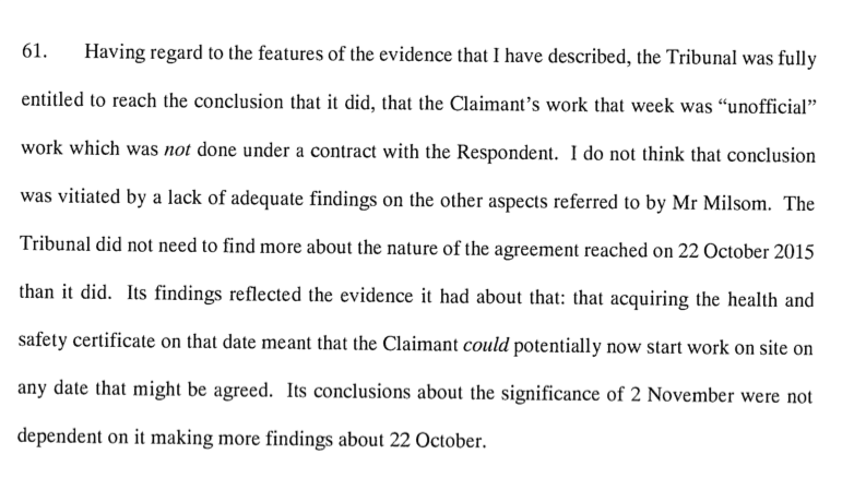 5/ The EAT held that it didn't. Heavy reliance was placed on the following paras of Koenig v Mind Gym in support of a finding of a collateral contract for the earlier work. The Judge was entitled to note the strange payment arrangements in reaching that conclusion.