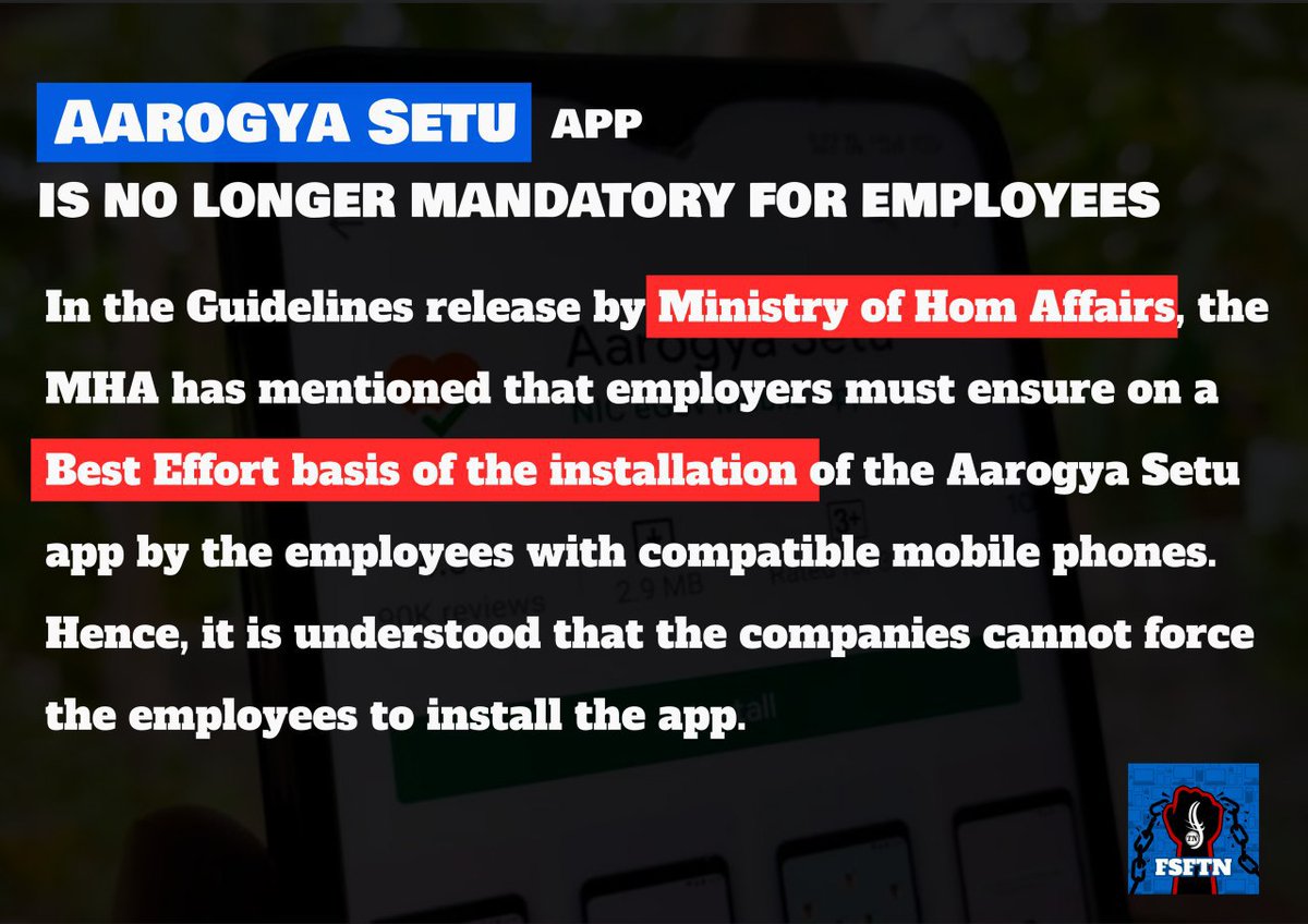 FSFTamilnadu's tweet image. The Ministry of Home Affairs on May 17, 2020 issued a set of guidelines, which also said about the installation of Aarogya Setu App at the Government and Private Companies.

#AarogyaSetu #FSFTN #Privacy #NotMandatory