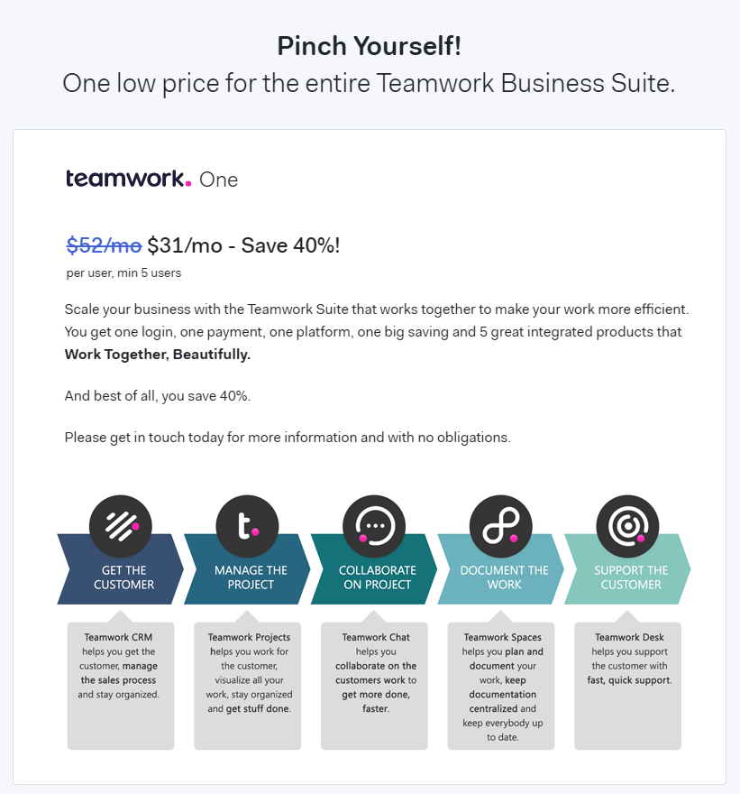We just released the Teamwork One bundle — one low price for the best version of all <a href="/teamwork/">Teamwork.com</a> products with a huge 40% discount. Perfect for companies who want to save money AND get more streamlined. teamwork.com/pricing/#bundl…