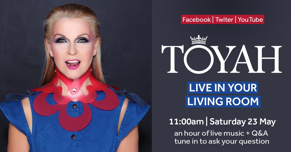 #ToyahLive In Your Living Room. A big thank you from me &amp; my band for being you! We have an exclusive hour of music + Q&amp;A this Saturday at 11am. All your favourite hits and chat. See you sat Lots of love Toyah xxx Tune-in at #twitter #facebook #YouTube bit.ly/toyahlive23May