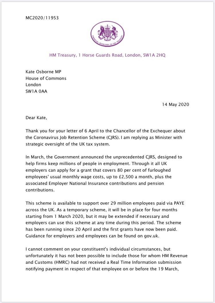 KateOsborneMP's tweet photo. This is the response to my letter calling for the government to extend the #JobRetentionScheme to take into account those who have recently started new jobs and those who are paid monthly. 

It’s inadequate and I will be following it up. #newstarterfurlough https://t.co/NFvHZHnfD7