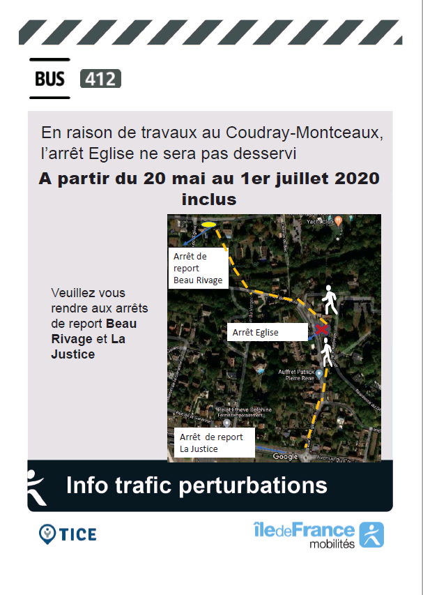 EvryEss_IDFM's tweet image. En raison de #travaux, une déviation est mise en place du 20 mai au 1er juillet inclus au #lecoudraymontceaux sur la ligne #bus412.