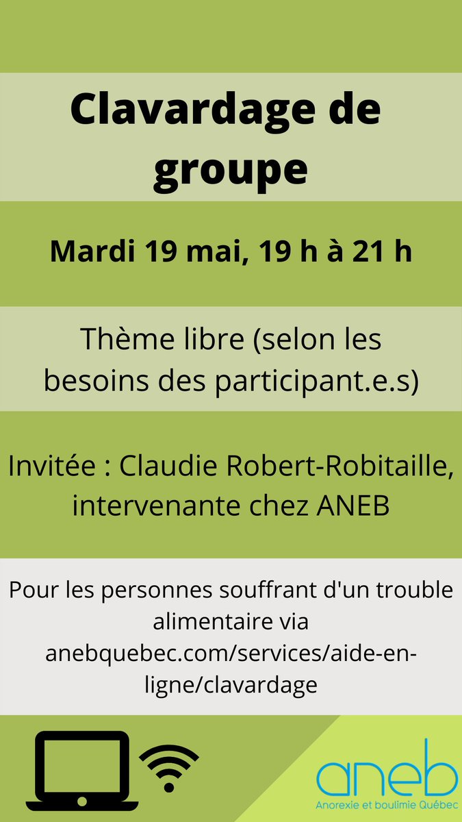 Ne manquez pas le clavardage de ce soir avec Claudie Robert-Robitaille au anebquebec.com/services/aide-… dès 19 h 00. 📲🌈🙋‍♀️