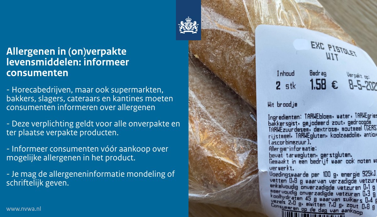 Allergenen in (on)verpakte levensmiddelen: informeer consumenten.

Lees hier meer over veilig omgaan met eten: nvwa.nl/documenten/con…