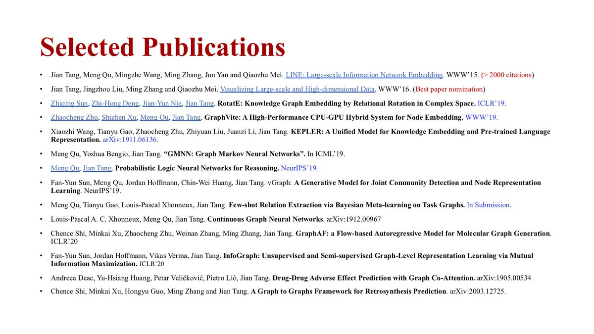 Jian Tang (@tangjianpku) on Twitter photo I recently gave a tea talk on graph representation learning at <a href="/MILAMontreal/">milamontreal</a>, which summarized some of the most important work my group have done . I started to work on this back to 2013 and published the first paper LINE. Slides are available at: github.com/tangjianpku/ta… I recently gave a tea talk on graph representation learning at <a href="/MILAMontreal/">milamontreal</a>, which summarized some of the most important work my group have done . I started to work on this back to 2013 and published the first paper LINE. Slides are available at: github.com/tangjianpku/ta…
