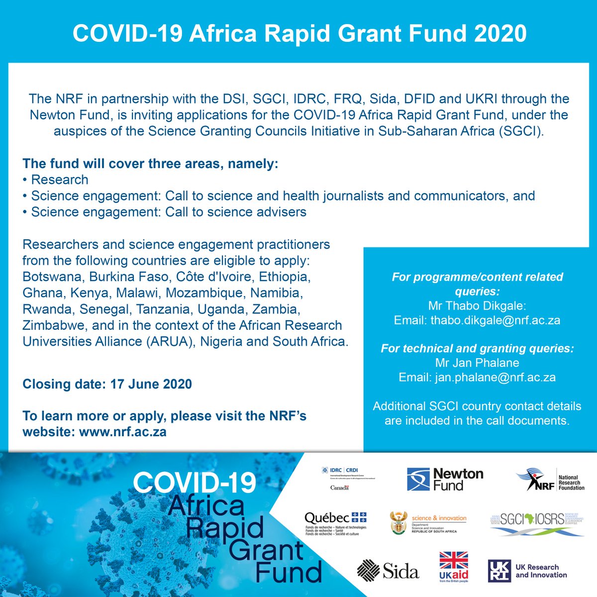 NRF_News's tweet photo. Attention researchers, science communicators &amp; advisers! In response to the #Covid_19 pandemic, applications are invited for a brand new funding call: The COVID-19 Africa Rapid Grant Fund. All the info needed to apply is available here: https://t.co/DhsIgMqWkf #COVID19ARGF https://t.co/SiOqHFuhW3