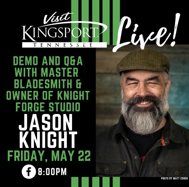 Visit Kingsport Live is back for two more weeks! We're excited to have Jason Knight, Master Bladesmith and owner of Knight Forge Studio, taking over our Facebook this Friday for a live demo and Q&amp;A! 

Learn more about Jason and Knight Forge Studio here: knightforgestudio.com