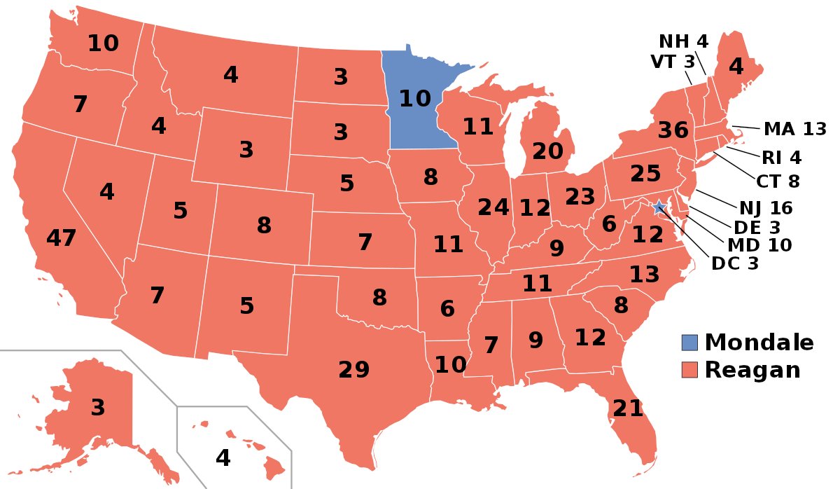 The 1984 election is a slaughter and makes it obvious that Reagan is not only unbeatable, but that the Republican Party is in a position to have overwhelming and uninterrupted power.Looking at this map was a terrifying wake-up call for Democrats.3/