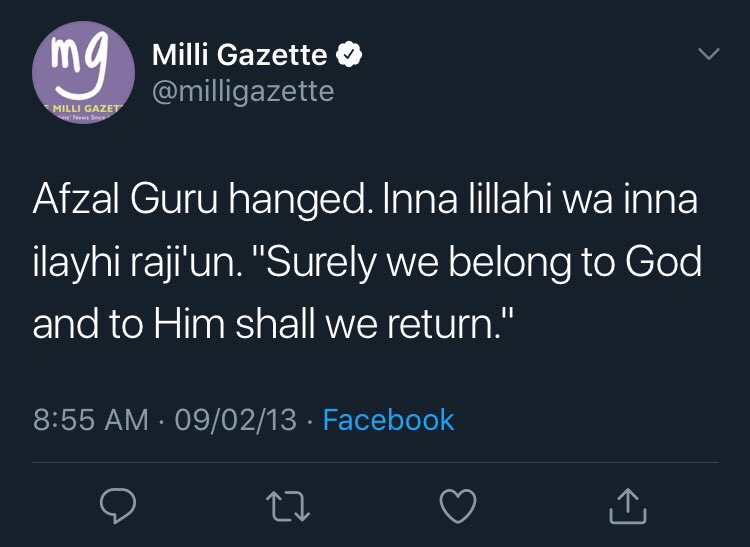 THREAD: Let’s meet  @milligazette, newspaper of “Indian” Muslims. It mourns Afzal Guru’s death and pray tributes to him. Not only this, It calls Afzal Guru as late and honours him.(1/n)