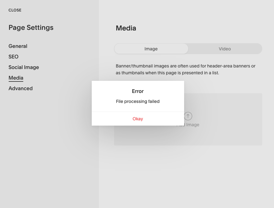 b_powerhouse's tweet photo. @SquarespaceHelp Hi, I've been trying to add backgrounds to pages on my site, and every time I try, this error comes up. I've tried it on Chrome and Safari. Is Squarespace working?? https://t.co/RoyNgpUNNF