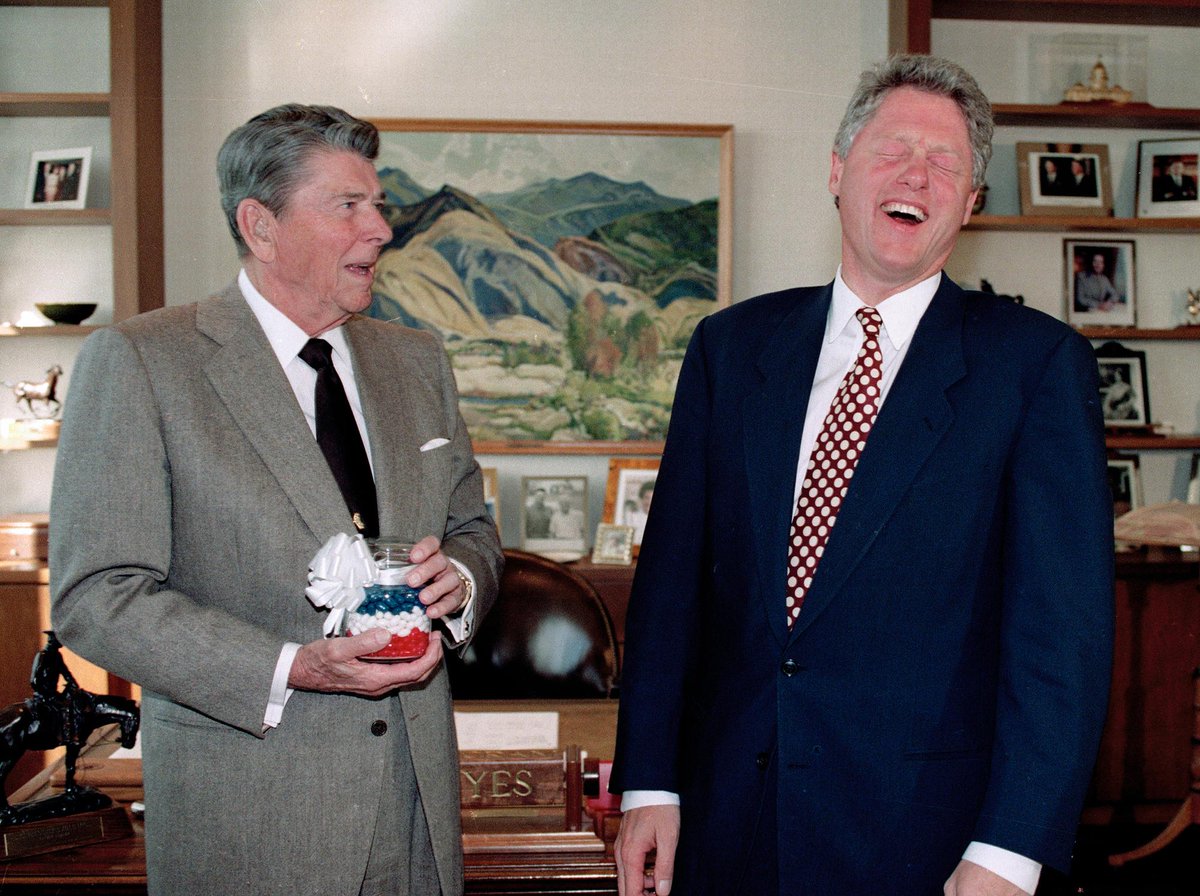 As president, Clinton continues much of Reagan's agenda and carries out the story of America that Reagan began with his resurrection of exceptionalism in the 80's. There are exceptions, but Clinton and Reagan govern from similar perspectives.14/