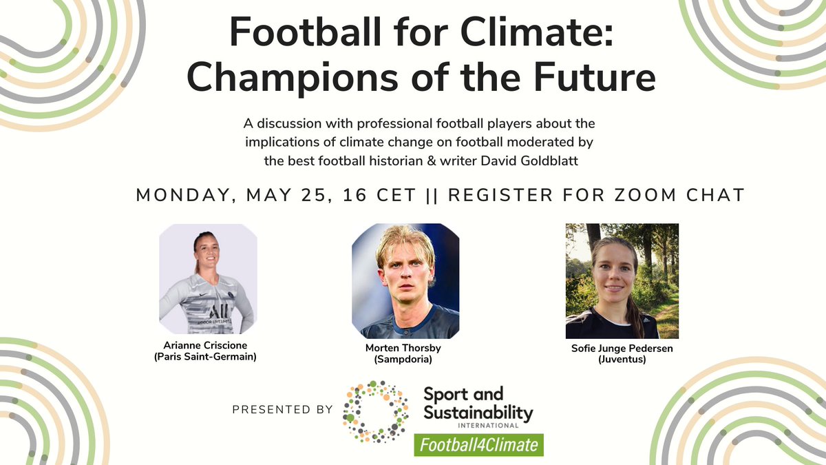 SandSI—Sport and Sustainability International (@sandsi_org) on Twitter photo How will climate change impact the future of football? Hear from <a href="/Davidsgoldblatt/">David Goldblatt</a> <a href="/mortenthorsby/">Morten Thorsby</a> <a href="/sofiejungep/">Sofie Junge Pedersen</a> <a href="/acfootballer/">arianna criscione</a> Join us Mon 25 May at 4pm CET. zoom.us/webinar/regist…
@JuventusFCWomen <a href="/PSG_English/">Paris Saint-Germain</a> <a href="/sampdoria_en/">Sampdoria English</a>
#Football4Climate #SandSI #ChampionsoftheFuture How will climate change impact the future of football? Hear from <a href="/Davidsgoldblatt/">David Goldblatt</a> <a href="/mortenthorsby/">Morten Thorsby</a> <a href="/sofiejungep/">Sofie Junge Pedersen</a> <a href="/acfootballer/">arianna criscione</a> Join us Mon 25 May at 4pm CET. zoom.us/webinar/regist…
@JuventusFCWomen <a href="/PSG_English/">Paris Saint-Germain</a> <a href="/sampdoria_en/">Sampdoria English</a>
#Football4Climate #SandSI #ChampionsoftheFuture