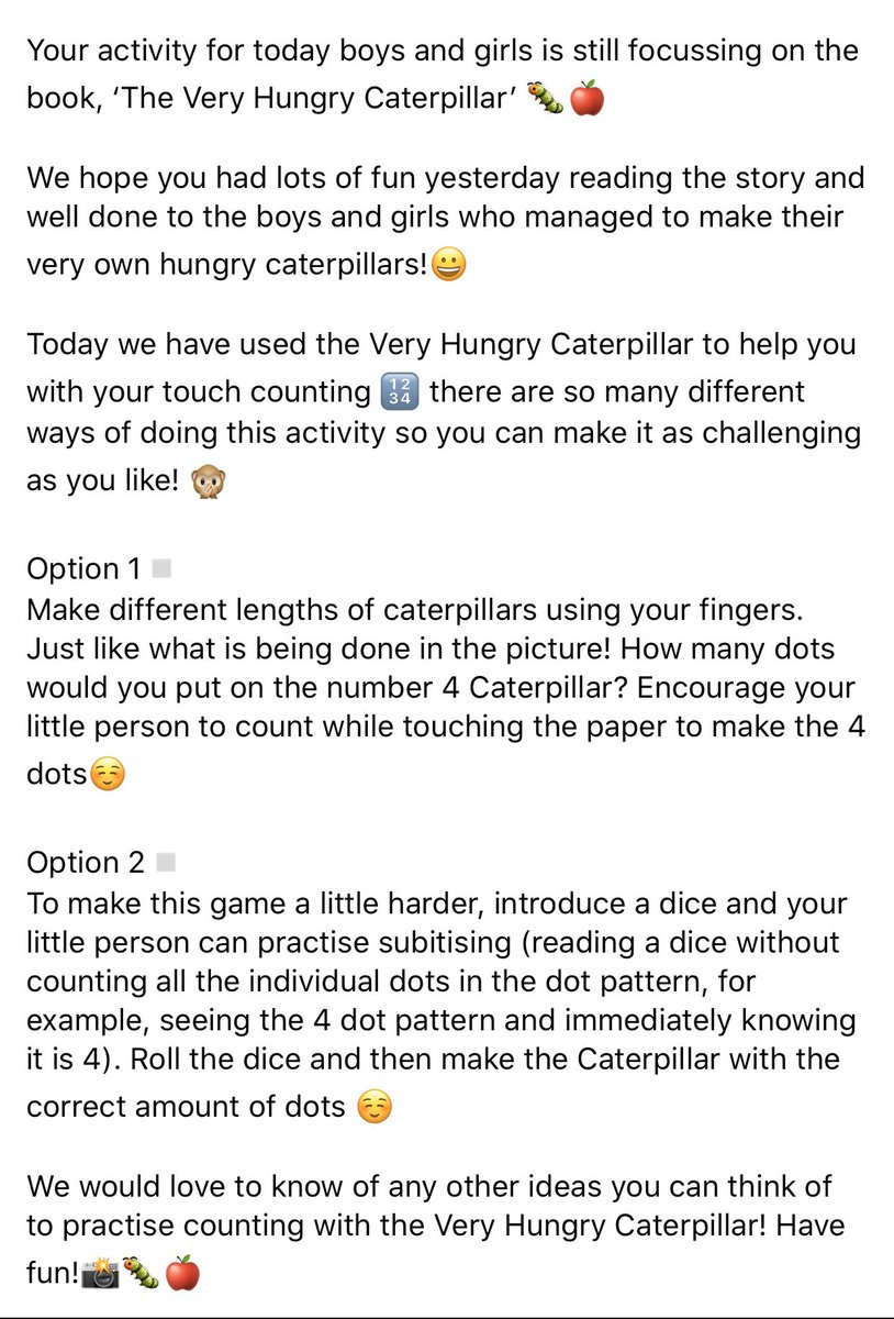 GardenroseEarly's tweet image. Happy Tuesday everyone - here’s our Hungry Caterpillar activity today 🐛 🍎 🍐 🍊. Have fun 😊 @GardenrosePS #hungrycaterpillar #touchcounting #simplemaths #numeracy