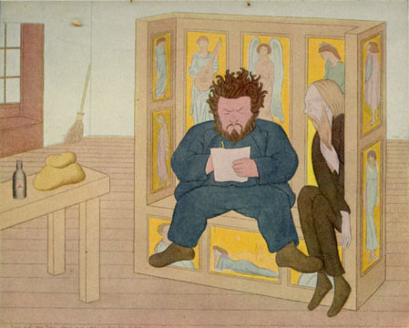 PreRaphSoc's tweet photo. Morris's beloved medieval-style settle for #TopsyTuesday. Morris shown sitting in it with Burne-Jones in Beerbohm's affectionate caricature (1916), photo of whitewash treatment from Red House's later residents (!) & digitally recreated there for TV (Brilliantly British BBC1 2004) https://t.co/b9r5l9wSnd