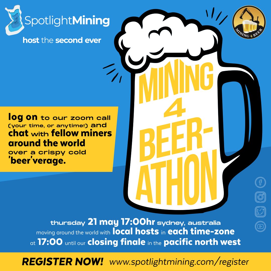 Critical Productions (@critproductions) on Twitter photo You asked for it... The <a href="/Mining4Beer/">Mining 4 Beer</a>-athon round II! Starting in Sydney at 17:00 on Thursday 21st May. Join us anytime for a friendly beverage with fellow #mining #Mintwit types, talk shop and moan about your geophysics crew... Registration at spotlightmining.com/register You asked for it... The <a href="/Mining4Beer/">Mining 4 Beer</a>-athon round II! Starting in Sydney at 17:00 on Thursday 21st May. Join us anytime for a friendly beverage with fellow #mining #Mintwit types, talk shop and moan about your geophysics crew... Registration at spotlightmining.com/register