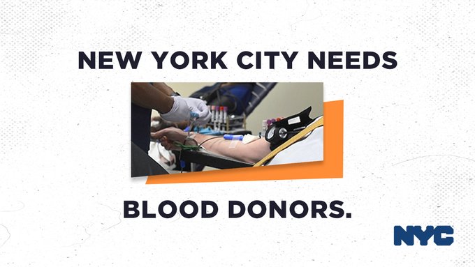 NYC currently has a blood shortage. Please donate if you can — it’s safe and will save lives. Go to nybc.org/donate-blood/