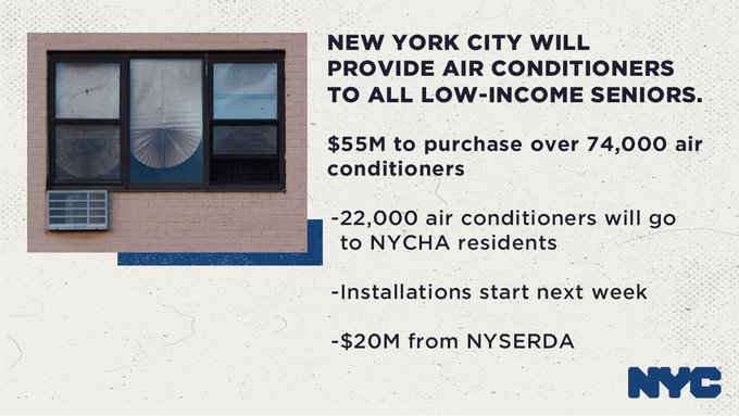 NYC will distribute 70,000 FREE air conditioners to seniors and NYCHA residents, so staying home is safe and comfortable.