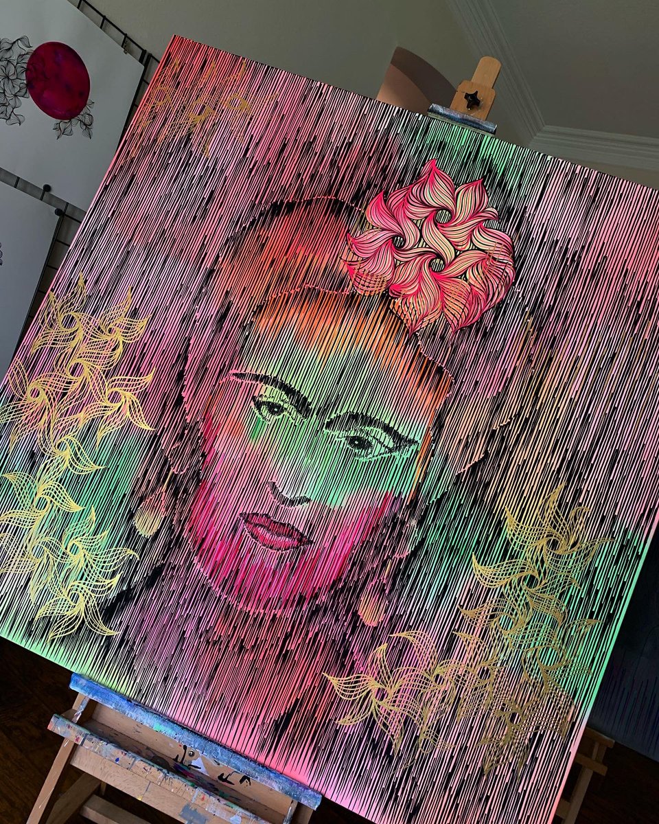 MonicaMelgar's tweet photo. So I had started my first Frida painting a few months back and then set her aside to see what else she needed. I think she’s done now, I think. Can’t wait to show her IRL. Hopefully on June 13 we’ll be able to have our studios open. 🤞                       #FridaKahlo #melgart https://t.co/5Tjujd4hjz