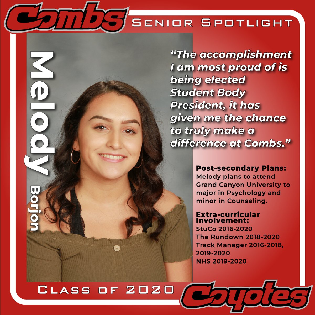 CombsHighSchool's tweet photo. CHS Class of 2020: Please help us celebrate Student Body President and Executive Producer of "The Rundown," Melody Borjon! 
#CombsUnited #CombsCoyotes #CombsCares #2020strong #Classof2020 #SeniorSpotlight @CombsStuCo @JOCombsUSD https://t.co/U5vrLIbM60