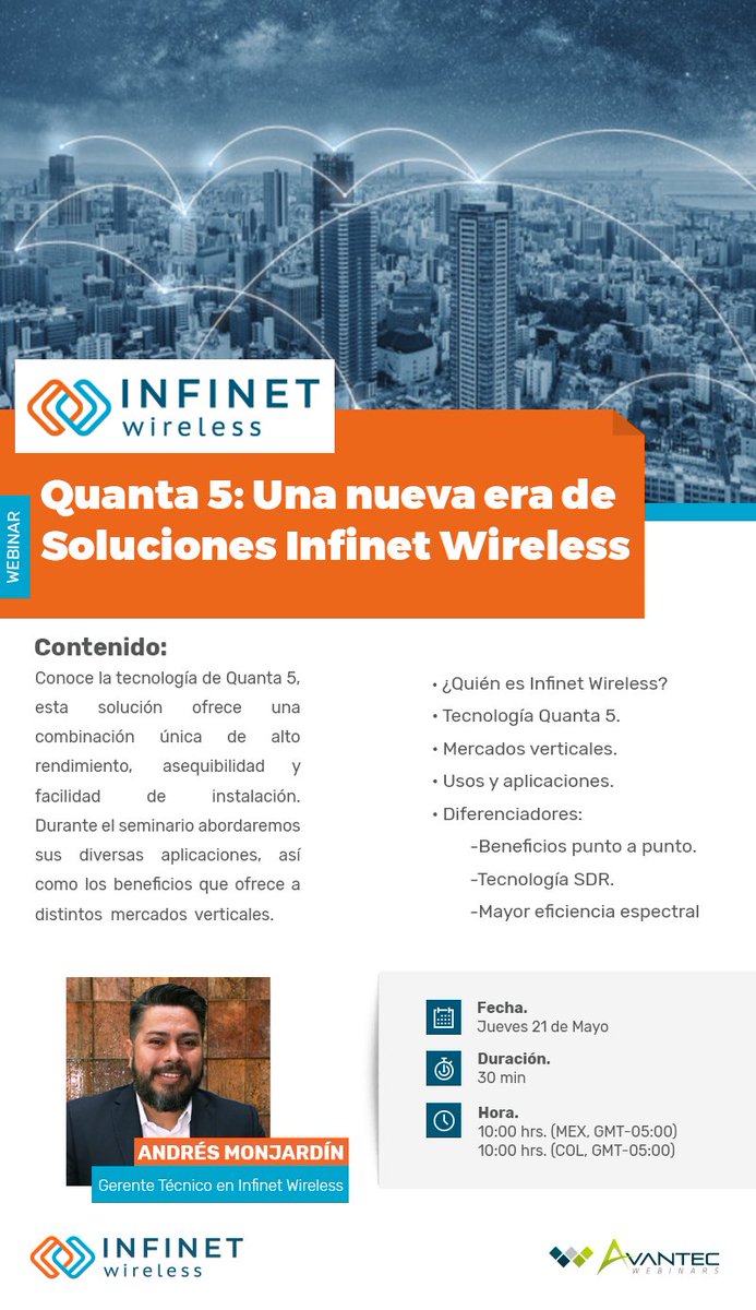 avantec_la's tweet photo. Acompáñanos al #Webinar: "Quanta 5: Una nueva era de Soluciones #InfinetWireless" y conoce los beneficios de la topología “punto a punto” y la tecnología SDR para lograr mayor eficiencia espectral en América Latina 💻
Regístrate aquí ➡️ https://t.co/uNFmVxFThC https://t.co/ztmWMYtj3e