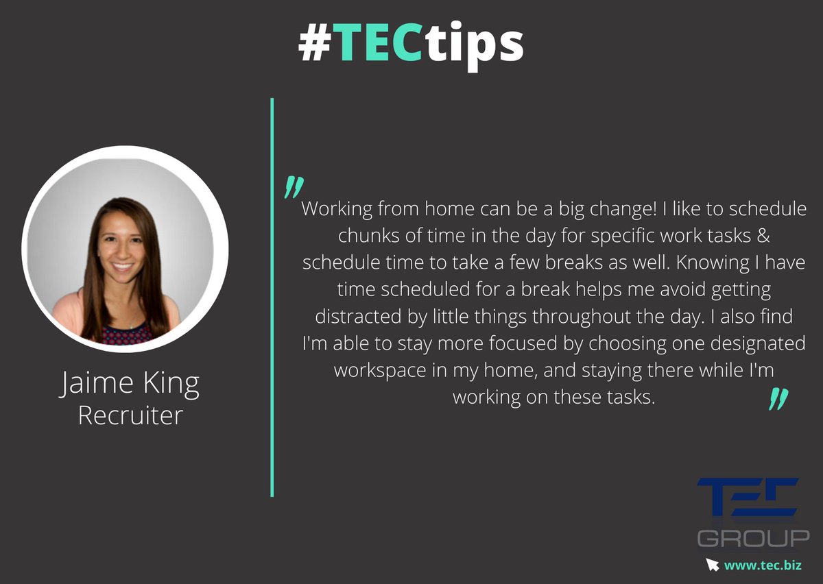 TECGroupInc's tweet image. Working from home can be a big change!
Our recruiting team is here with #TECtips to help keep you going.