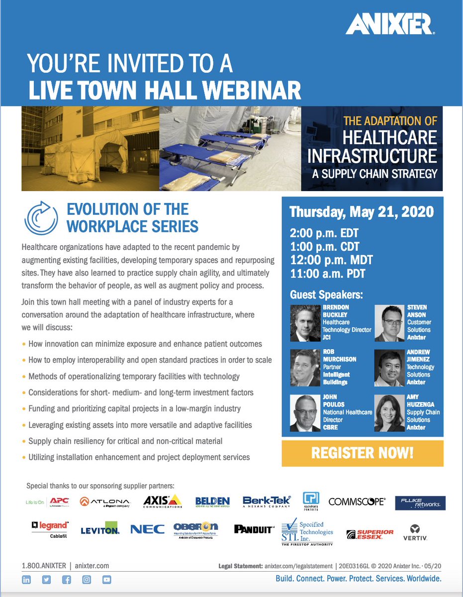 IntelligentBldg's tweet photo. Our partner, @rmurchis, will be among the panelists for @Anixter's Evolution of the Workplace series on May 21. Join this Live Town Hall #Webinar about the adaptation of #healthcare infrastructure. https://t.co/RvCnAIhrYe https://t.co/w9dafu7Dxa