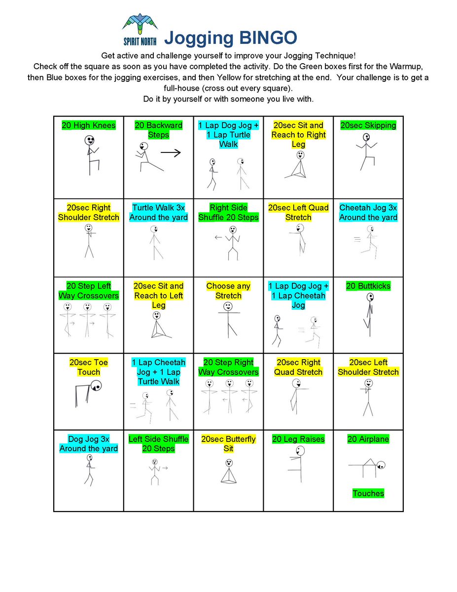 This week's challenge: Jogging BINGO! How many squares can you complete in a day, or over the week? 

Take the challenge and get moving!
spiritnorthxc.ca/printable-reso…