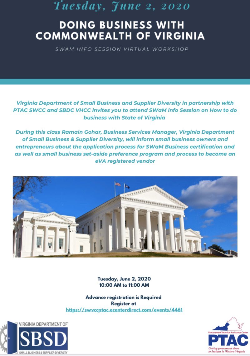 RamainGohar's tweet photo. Register today for @VA_DSBSD Selling to commonwealth of #Virginia in partnership with @virginiasbdc and @VirginiaPTAC on June 02,2020 at 10:00AM at https://t.co/b79oCSqAjQ     #SmallBusiness #SWaM #supplierdiveristy #southwestvirginia https://t.co/38d0eLpHyu