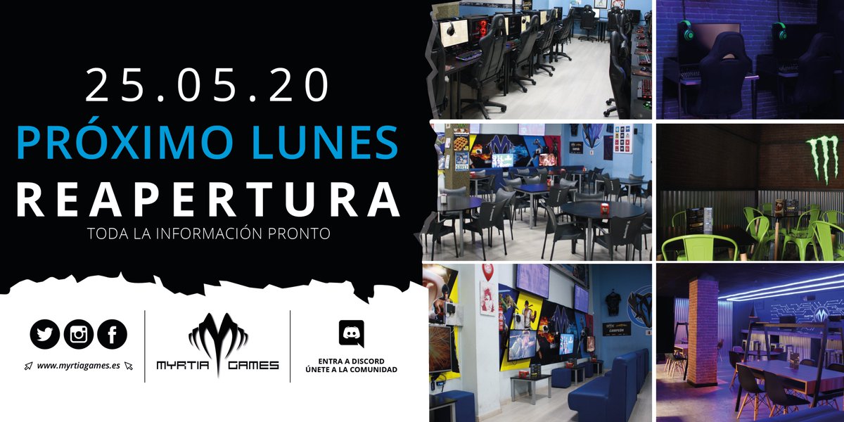 ▶ 25.05.20 ◀️

📆 Próximo LUNES
⠀
🔜 Toda la información sobre la REAPERTURA en los próximos días #HYPE 💙🔥
⠀
📍 <a href="/MyrtiaGamesBar/">Myrtia Games Bar</a>, Murcia

🔹 C/ Pintor Sobejano, 2
🔸 C/ Santa Quiteria, 5