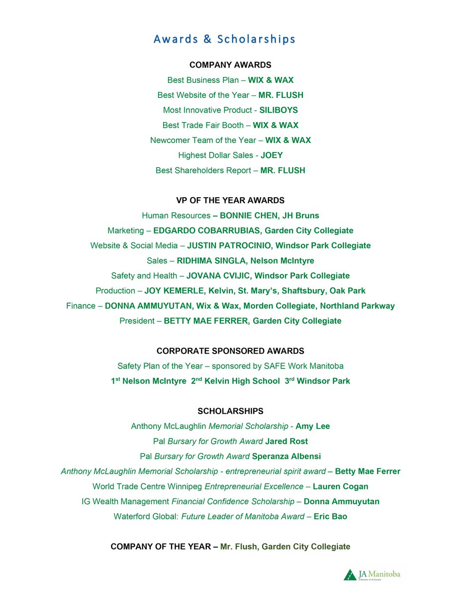 Last week JA hosted its Company Program Celebration of Achievement Awards night presented by <a href="/IGWealthMgmt/">IG Wealth Management</a>  Congratulations to all the students for their hard work &amp; fantastic products during an 'unusual' year . Thank you to all our volunteers, teachers &amp; financial supporters!