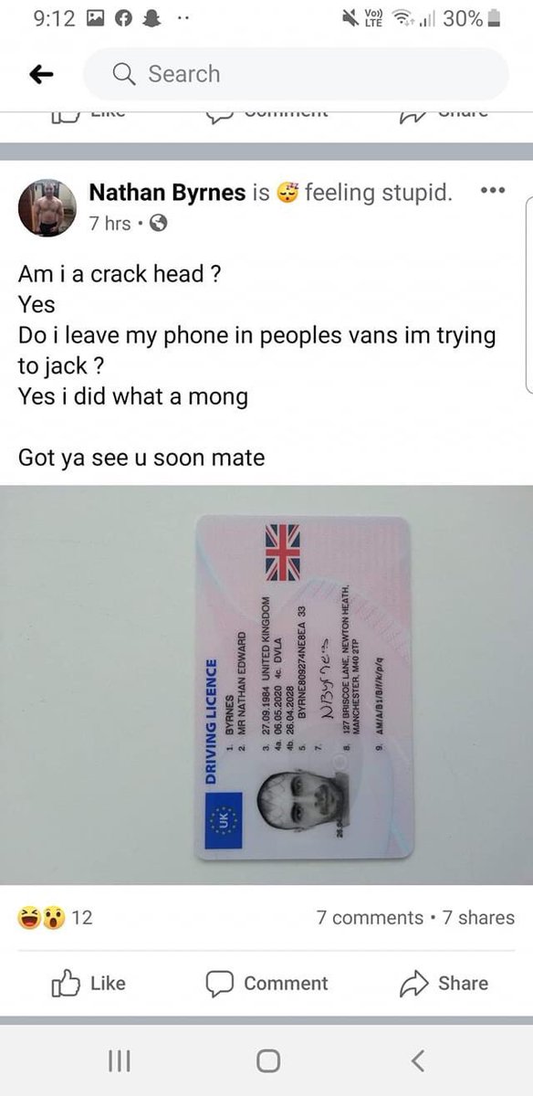 UKNoContext's tweet photo. some bloke got caught trying to rob a van last night and left his phone and driver’s license on the passenger seat and the van owner has only gone and hacked his facebook hahahaha https://t.co/QcLgvdny4O