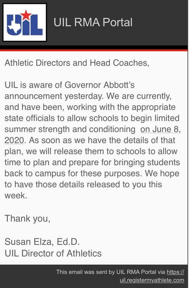 Brazos Cougars Athletics (@cougarsbrazos) on Twitter photo Oh happy days! We just got this notice from the UIL Director - Dr. Elza, so we have at least a tentative start date. We will post more information from UIL and our plan as it comes available! BUT We will gladly take this today! #bringit #celebrate <a href="/BrazosHigh/">Brazos High School</a> Oh happy days! We just got this notice from the UIL Director - Dr. Elza, so we have at least a tentative start date. We will post more information from UIL and our plan as it comes available! BUT We will gladly take this today! #bringit #celebrate <a href="/BrazosHigh/">Brazos High School</a>
