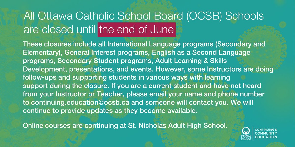OCSBContEd's tweet photo. Our #ocsb schools will remain closed until the end of June. Learn more: 🔗https://t.co/eznitkProX https://t.co/E4PjqhNxAT