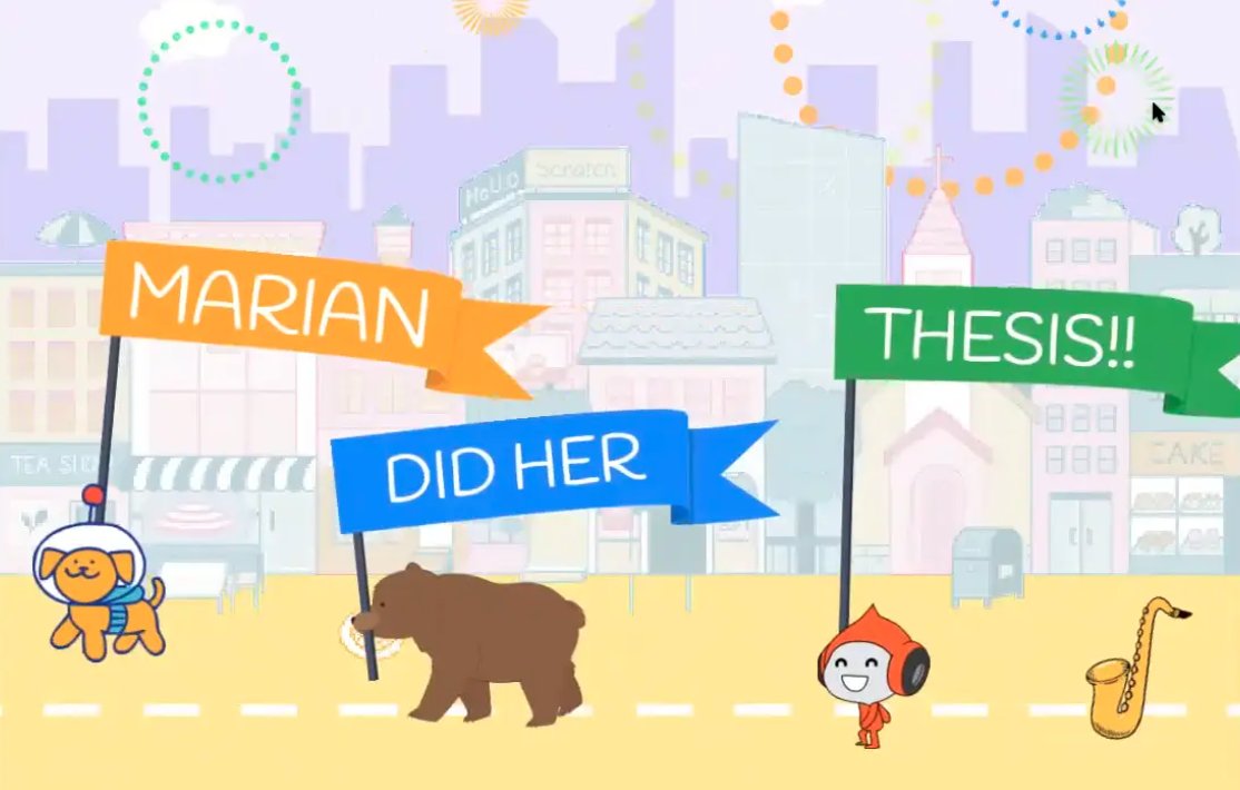 Congratulations to Marian Muthui for handing in her master's thesis today! Our Lifelong Kindergarten group couldn't do an in-person parade for her, so we created a virtual parade in <a href="/Scratch/">Scratch Team</a>! scratch.mit.edu/projects/39664…