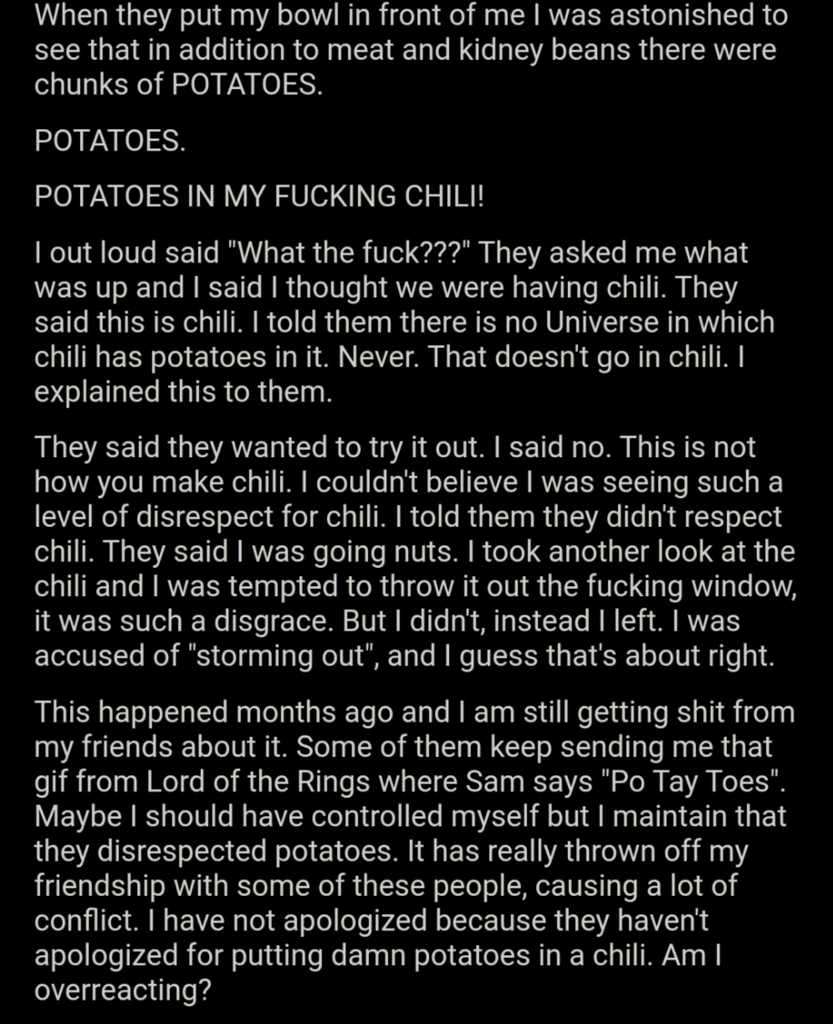 Am I The Asshole On Twitter Aita For Storming Out Of A Dinner When I Found They Put Potatoes