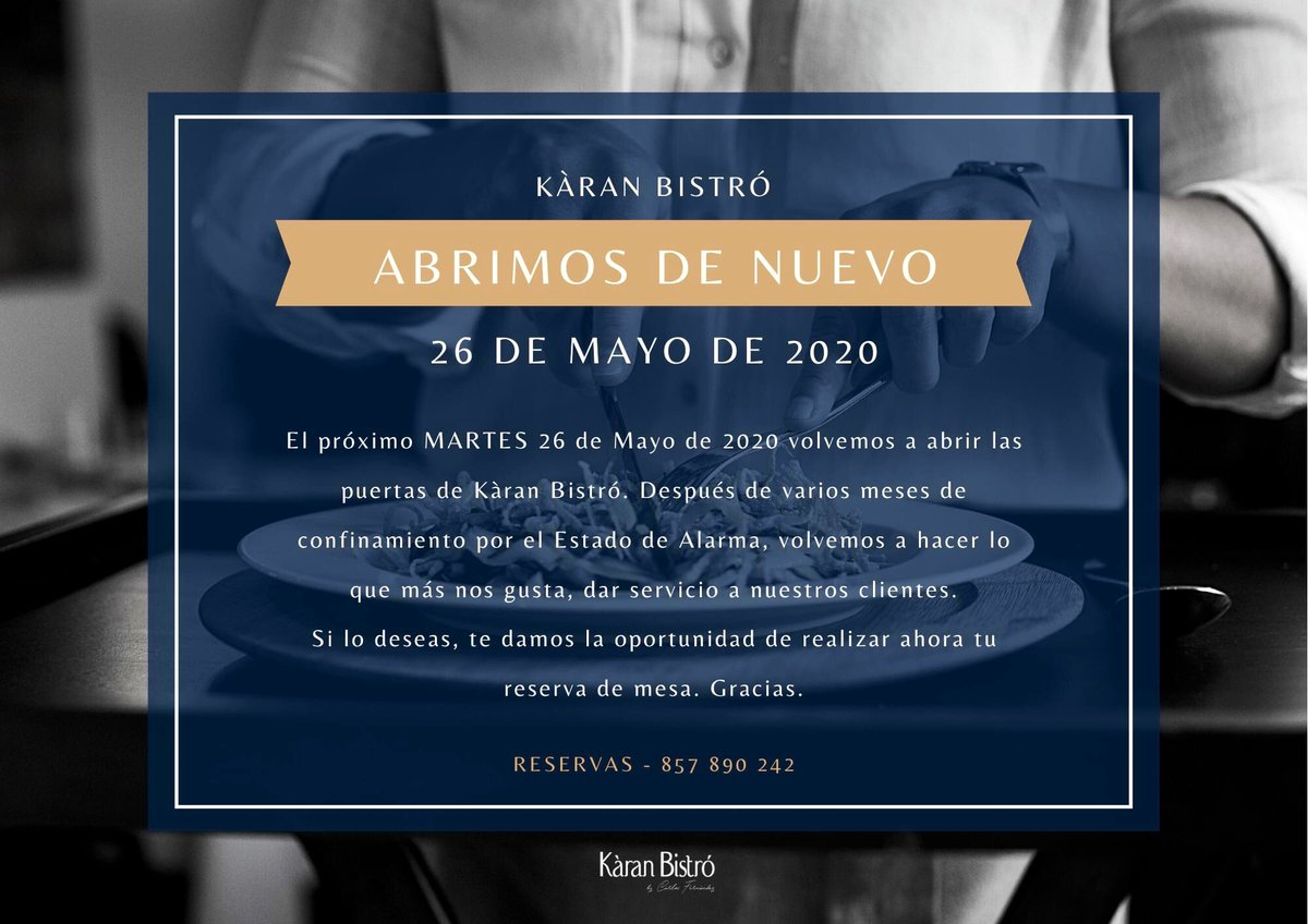Estamos de vuelta 📣📣 

🗓 El próximo MARTES 26 de Mayo de 2020 volvemos a abrir las puertas de Kàran Bistró.

☎️ RESERVAS - 857 890 242 

#LosPedroches #dehesaiberica #gatronomia #food #foodie