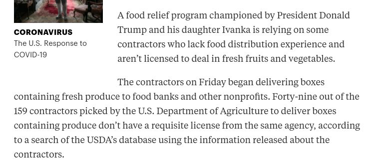 "Forty-nine out of the 159 contractors picked by the U.S. Department of Agriculture to deliver boxes containing produce don’t have a requisite license from the same agency, according to a search of the USDA’s database using the information released about the contractors."