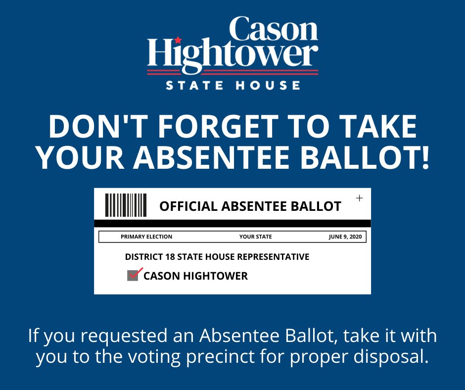 CasonHightower's tweet photo. ⚠️ IMPORTANT ⚠️ If you requested an Absentee Ballot by mail but you are now wanting to vote in person, you are required to take the Absentee Ballot with you to the voting precinct so that they can properly dispose of it. Please SHARE!

#VoteHightower #HD18 #SecureYourVote https://t.co/GDLl94Z4y3