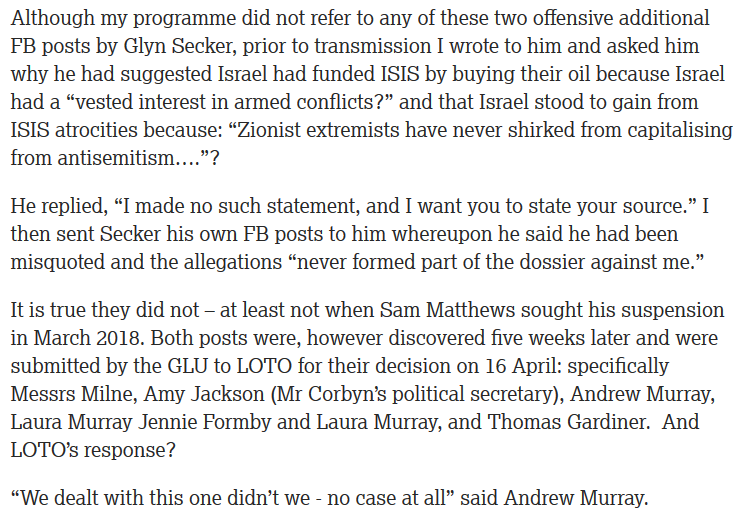 *Thread* This part of John Ware's piece on Novara Media is so telling.Glyn Secker promoted absurd and offensive conspiracy theories about Israel and the terrorists of Islamic State.So what did top Corbynista Andrew Murray make of it? "No case at all", that's what. 1/7
