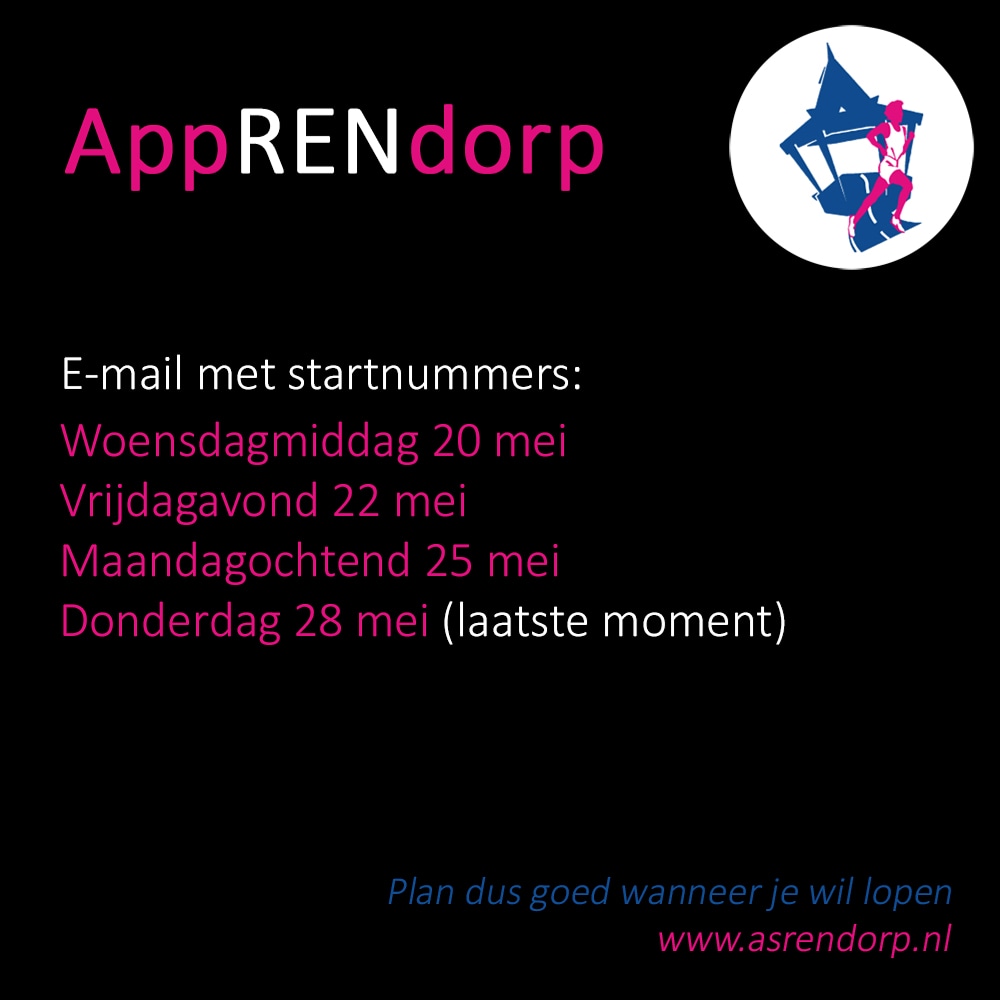 We geven op 4 momenten de startnummers van de AppRENdorp uit.

Op het moment dat je het startnummer hebt kun je tot en met 2e Pinksterdag meelopen voor het klassement.

Loop je ook mee? #AppRENdorp #AsRENdorp 
asrendorp.nl