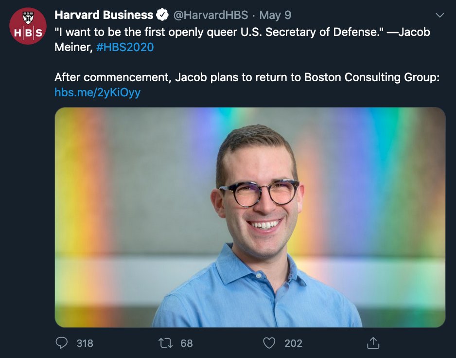 This post by HBS got some play the other day, so I thought I'd take a peak at their TL. HBS is where the theology of WokeCap is formulated and developed.Fitting to start an intro to the class thread with a Gay Jew BCG Consultant who wants to run the Military Industrial Complex.