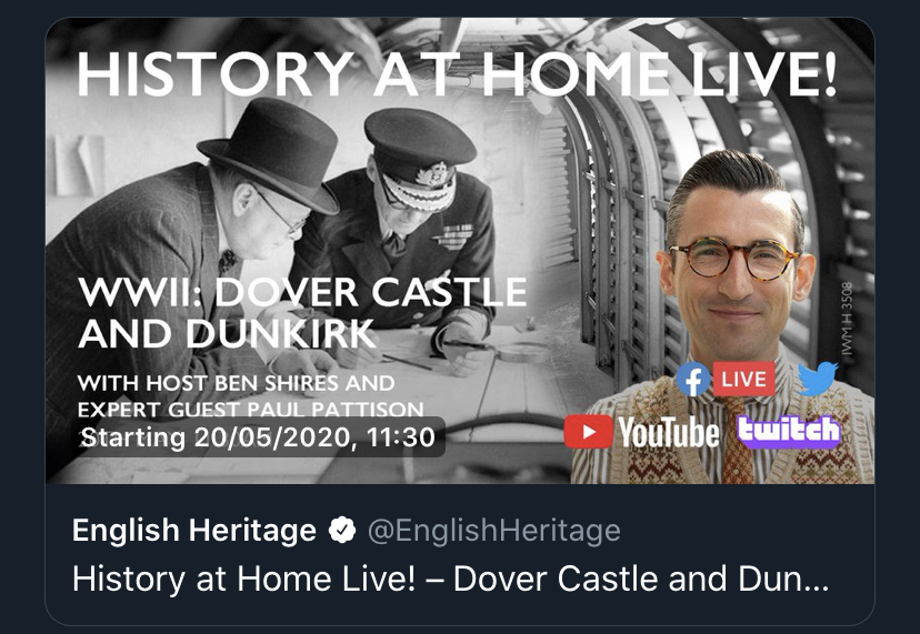 YA_OldAccount's tweet photo. Thanks to Miss Allerton  for sending us this link to @EnglishHeritage . History lessons live starting tomorrow. Join @BenShires for a live history lesson! 🔴
This week: Dover Castle and the Dunkirk evacuation in WWII. #HistoryAtHomeLive #Dunkirk1940 #homelearning https://t.co/JSxzwere8B