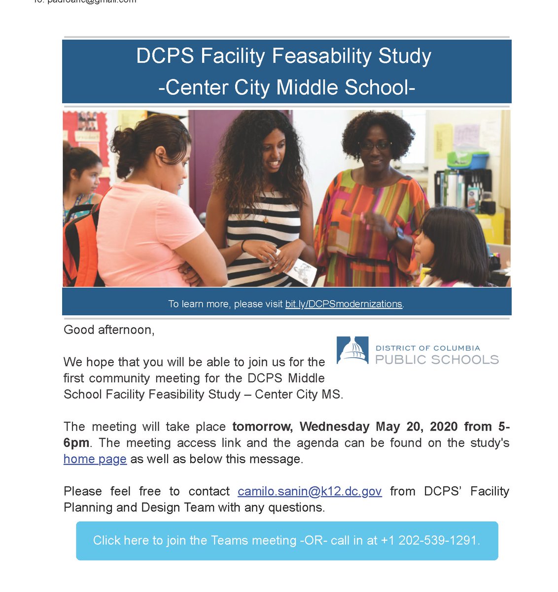 AlexanderMPadro's tweet photo. Just received this notice for a meeting that is over a year overdue. One day's notice. Please participate in this virtual meeting if you care about our neighborhood's children's middle school needs. Note: @DCPSPlanning spelled "Feasibility" wrong in the headline. #SaveShawMS https://t.co/7vsvh43Kgb
