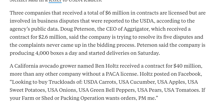 "Three companies that received a total of $6 million in contracts are licensed but are involved in business disputes that were reported to the USDA, according to the agency’s public data."