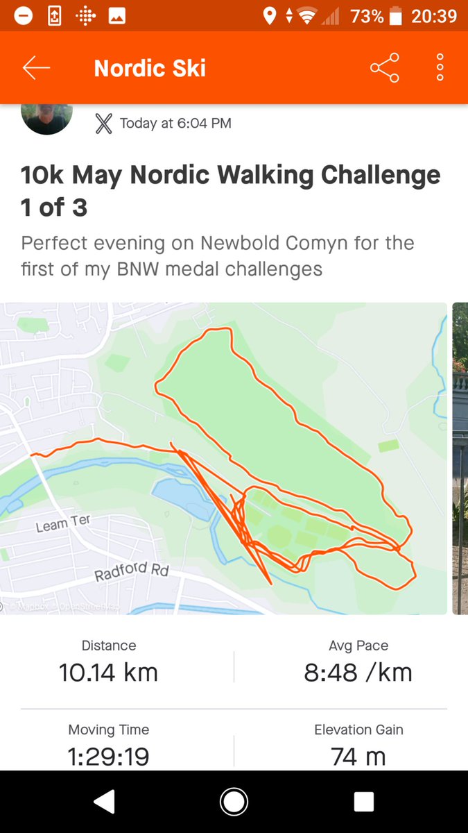 Mick_ActiveU's tweet photo. Hi @BritNordicWalk. Under beautiful blue skies earlier I completed my 10k May challenge walk in 1h 29m @ 8.48 m/km. Just an absolute treat to be out on Newbold Comyn on such a lovely  evening. A great warm up for the 20k challenge next week 😱! https://t.co/Omh224vH2P