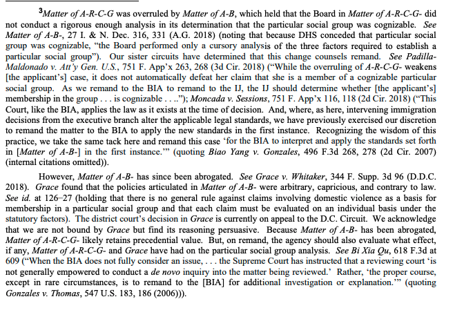 7/ Here's where the Sixth Circuit makes its big move, in a footnote: finds the DC case (Grace v Whitaker) "persuasive," confirms that Matter of A-B- "has been abrogated," and holds that "Matter of A-R-C-G-" (the Obama-era DV case) "likely retains precedential value."