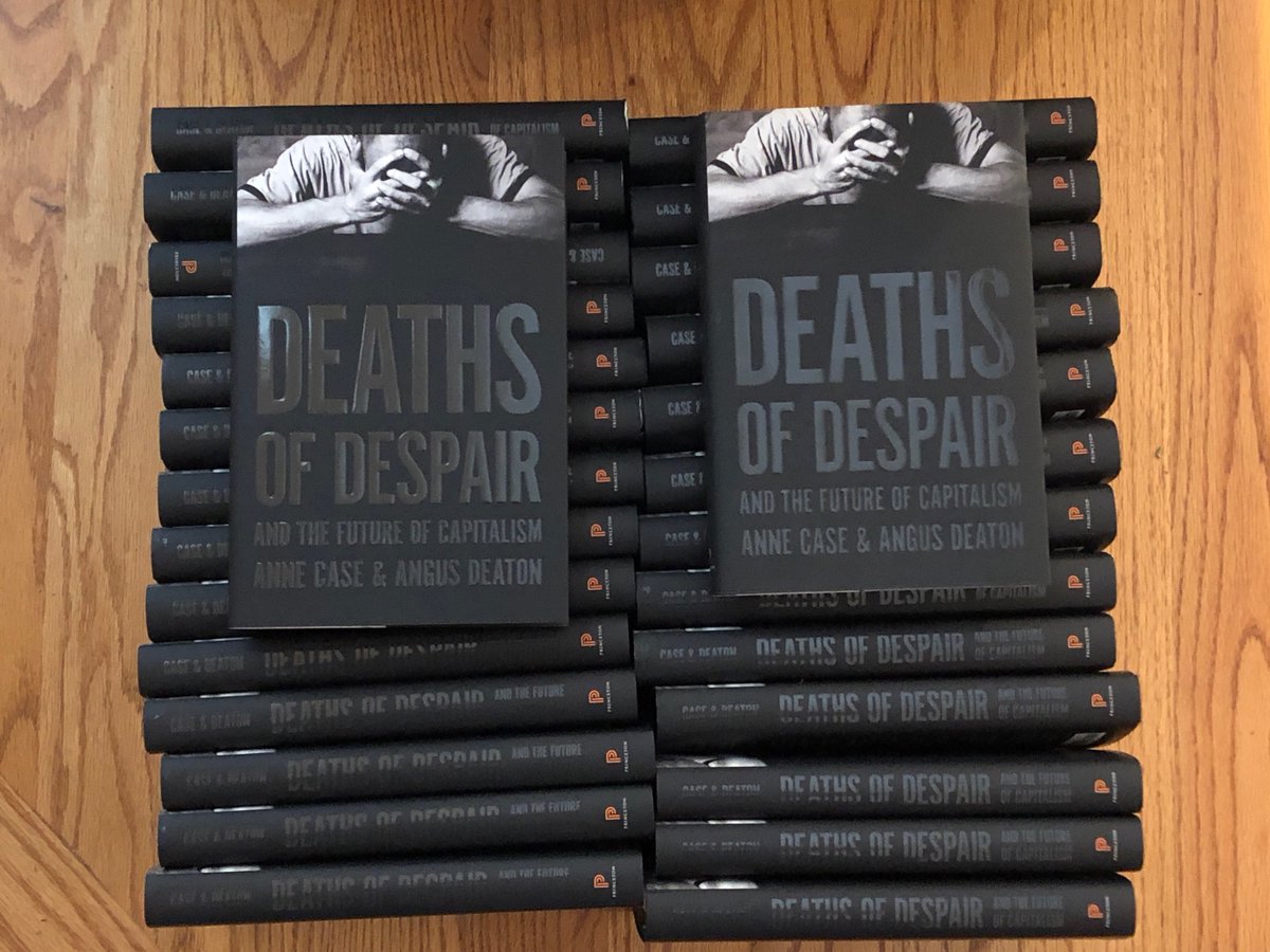 A book that I loved because it consistently refuses to offer easy answers is Deaths of Despair by Anne Case and  @DeatonAngus. Thanks to  @PrincetonUPress for your incredible generosity in donating copies to our class.